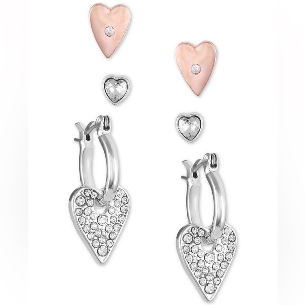 GUESS 3 Piece Heart Two-Tone Crystal Earrings Set Studs Huggies New